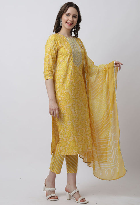 Pure Cambric Cotton Jaipuri Printed & Embroidered Kurta Set With Dupatta