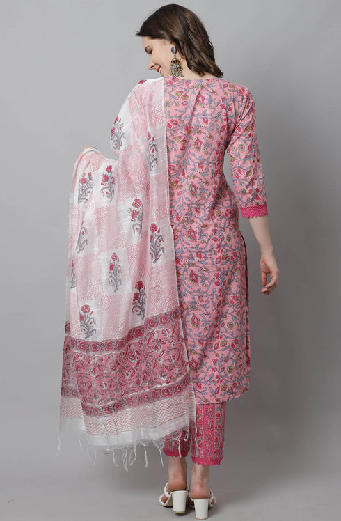Women Pink Pure Cotton Hand work Kurta & Pant With Dupatta