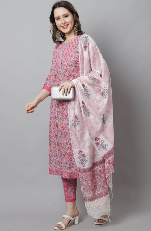 Women Pink Pure Cotton Hand work Kurta & Pant With Dupatta