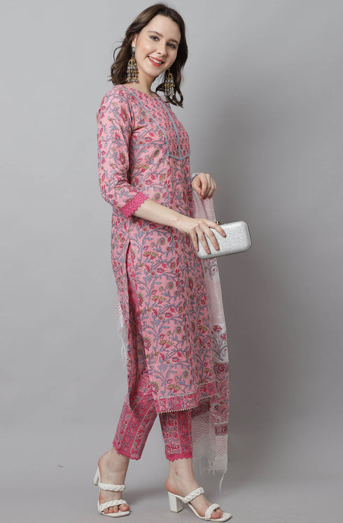 Women Pink Pure Cotton Hand work Kurta & Pant With Dupatta