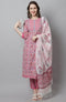 Women Pink Pure Cotton Hand work Kurta & Pant With Dupatta