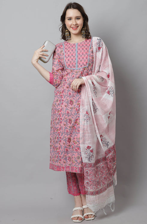 Women Pink Pure Cotton Hand work Kurta & Pant With Dupatta