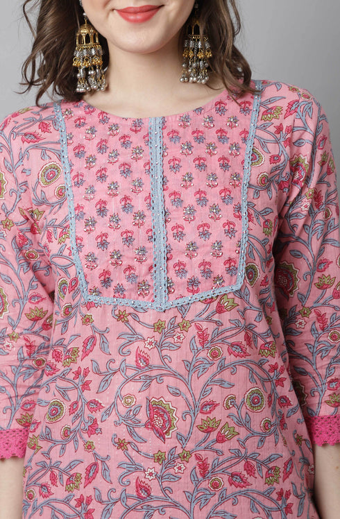 Women Pink Pure Cotton Hand work Kurta & Pant With Dupatta