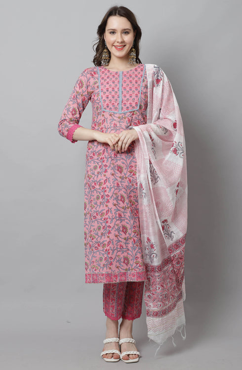 Women Pink Pure Cotton Hand work Kurta & Pant With Dupatta
