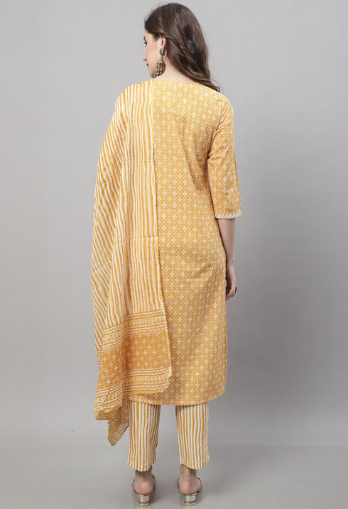 Pure Cotton Jaipuri Printed & Embroidered Kurta Set With Dupatta