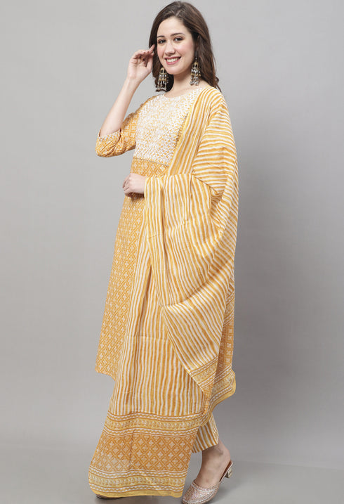 Pure Cotton Jaipuri Printed & Embroidered Kurta Set With Dupatta
