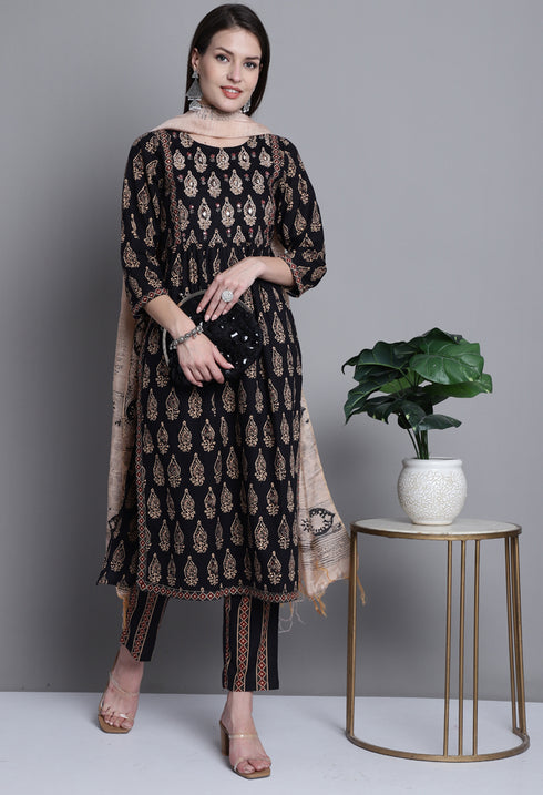 Black & Beige Pure Cotton Jaipuri Printed And Embroidered Kurta Set With Dupatta