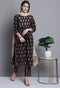 Black & Beige Pure Cotton Jaipuri Printed And Embroidered Kurta Set With Dupatta