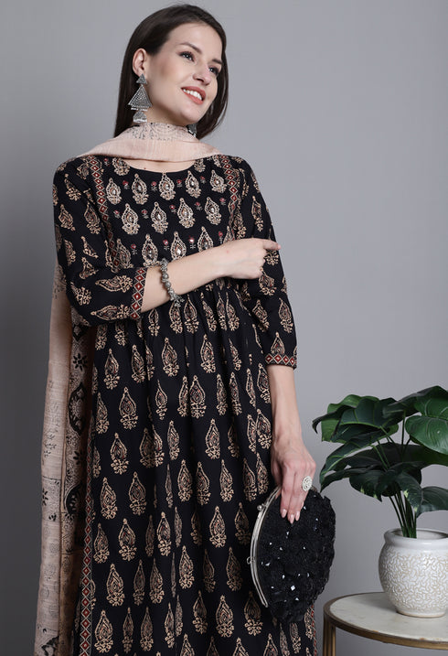 Black & Beige Pure Cotton Jaipuri Printed And Embroidered Kurta Set With Dupatta