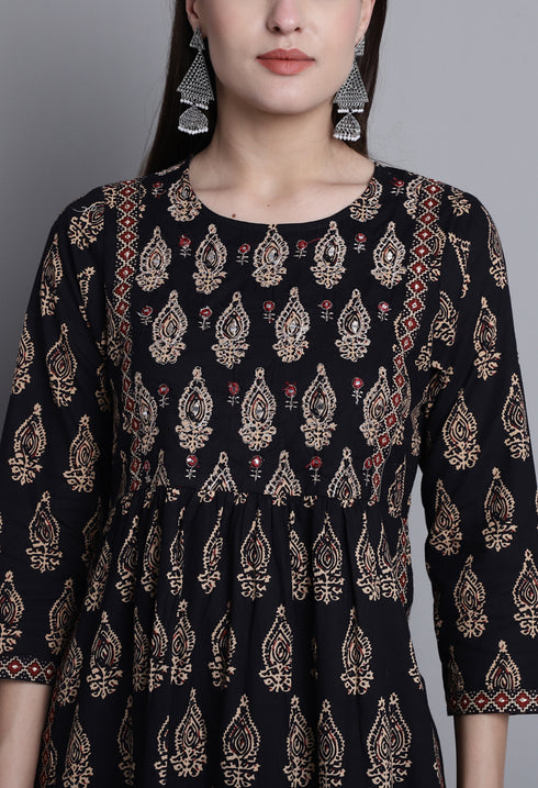 Black & Beige Pure Cotton Jaipuri Printed And Embroidered Kurta Set With Dupatta
