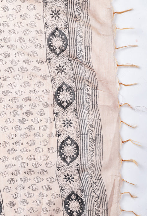 Black & Beige Pure Cotton Jaipuri Printed And Embroidered Kurta Set With Dupatta