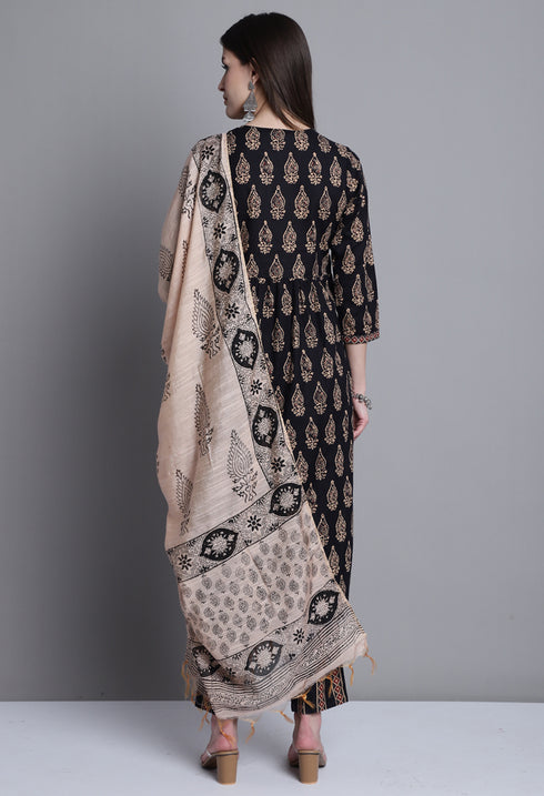 Black & Beige Pure Cotton Jaipuri Printed And Embroidered Kurta Set With Dupatta