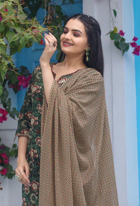 Green Pure Cotton Jaipuri Printed Kurta Set With Dupatta