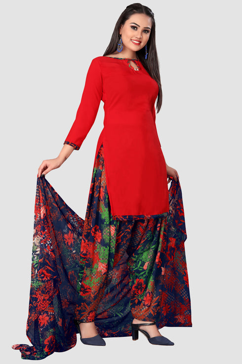 Red Crepe Printed Unstitched Salwar Suit Material