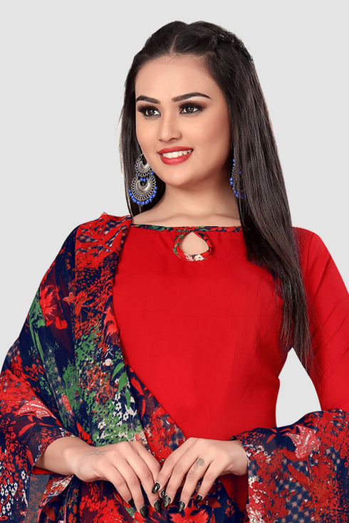 Red Crepe Printed Unstitched Salwar Suit Material