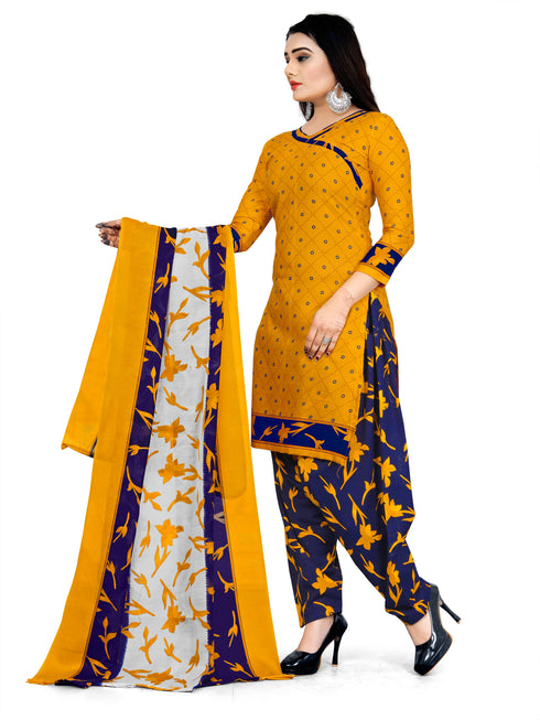 Yellow Cotton Blend Printed Unstitched Salwar Suit Material