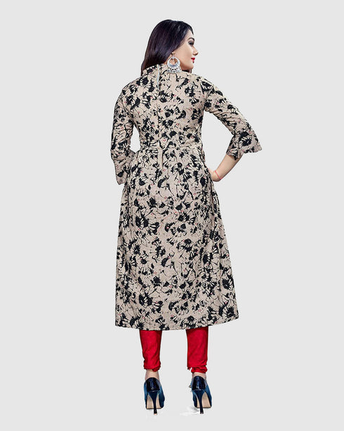 Beige & Black Cotton Blend Printed Unstitched Salwar Suit Material