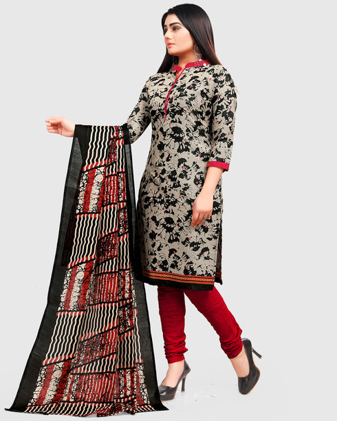 Beige & Black Cotton Blend Printed Unstitched Salwar Suit Material