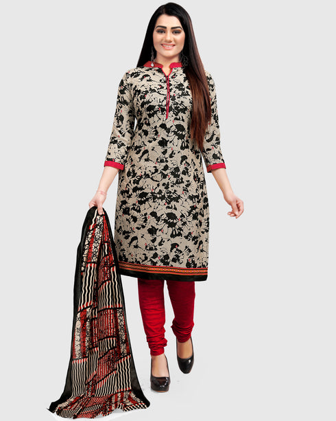 Beige & Black Cotton Blend Printed Unstitched Salwar Suit Material
