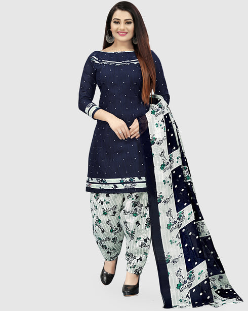 Navy Blue Cotton Blend Printed Unstitched Salwar Suit Material