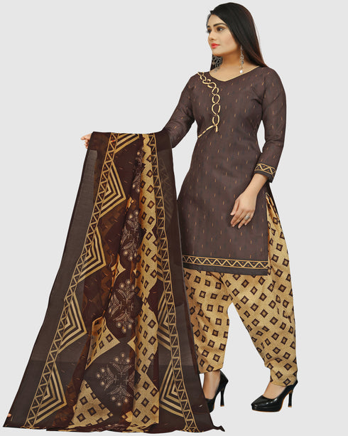 Brown Cotton Blend Printed Unstitched Salwar Suit Material