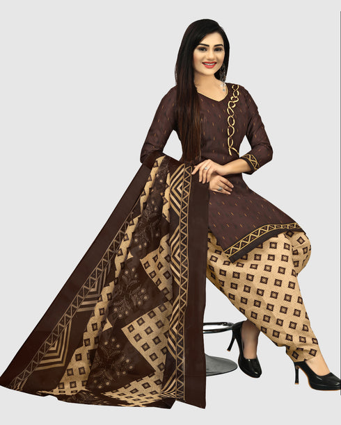 Brown Cotton Blend Printed Unstitched Salwar Suit Material