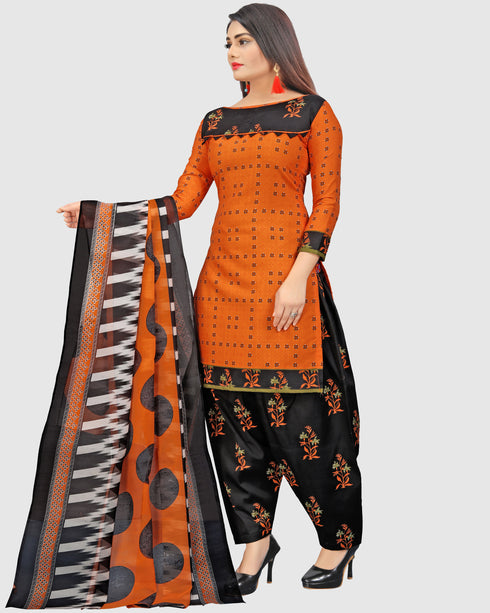 Orange Cotton Blend Printed Unstitched Salwar Suit Material