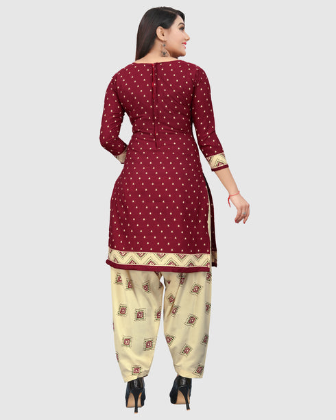 Maroon Cotton Blend Printed Unstitched Salwar Suit Material