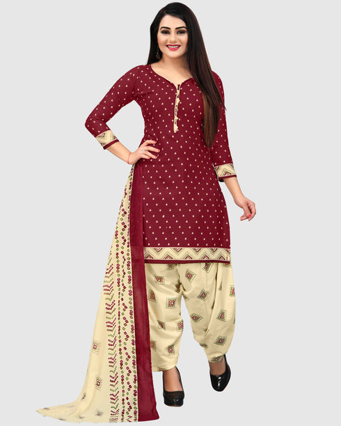 Maroon Cotton Blend Printed Unstitched Salwar Suit Material