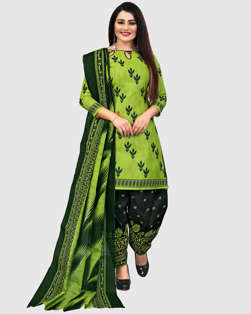 Parrot Green Cotton Blend Printed Unstitched Salwar Suit Material