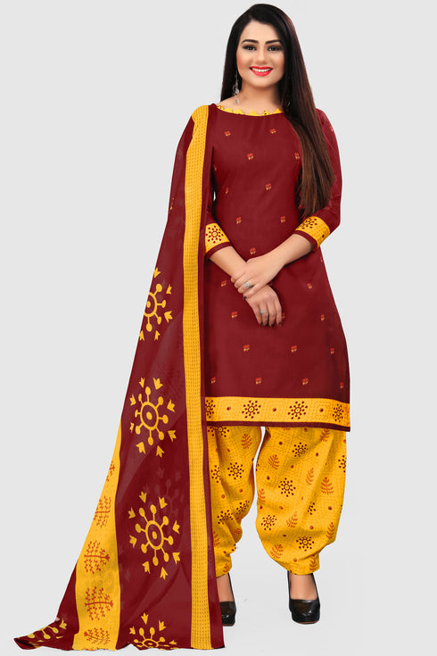 Maroon Cotton Blend Printed Unstitched Salwar Suit Material