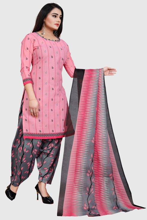 Baby Pink Cotton Blend Printed Unstitched Salwar Suit Material