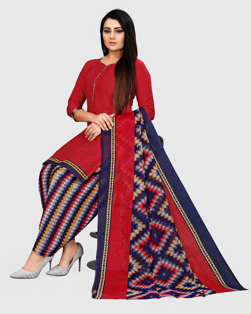 Red Cotton Blend Printed Unstitched Salwar Suit Material