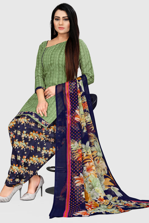 Green Cotton Blend Printed Unstitched Salwar Suit Material