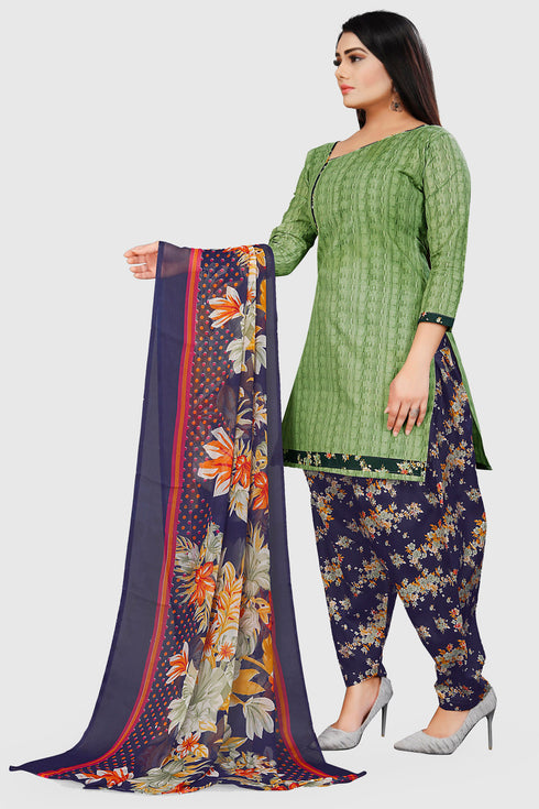 Green Cotton Blend Printed Unstitched Salwar Suit Material