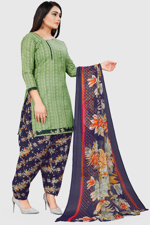 Green Cotton Blend Printed Unstitched Salwar Suit Material