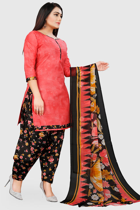 Peach Cotton Blend Printed Unstitched Salwar Suit Material
