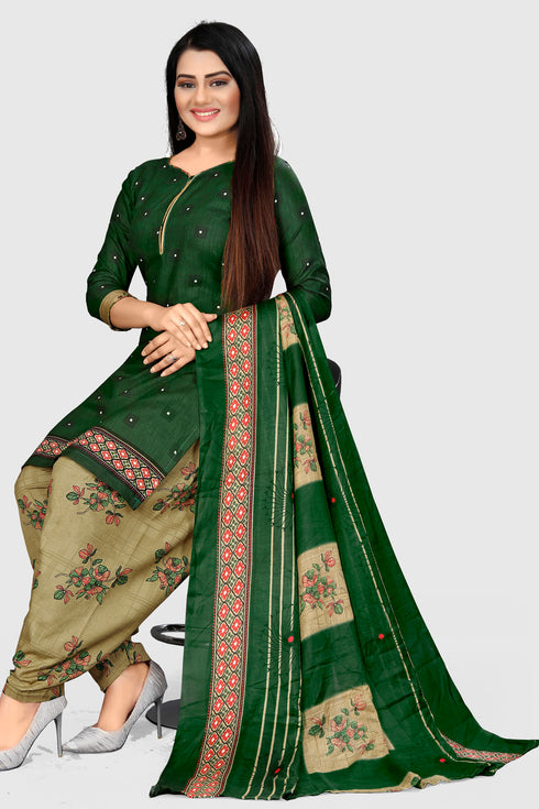 Green Cotton Blend Printed Unstitched Salwar Suit Material