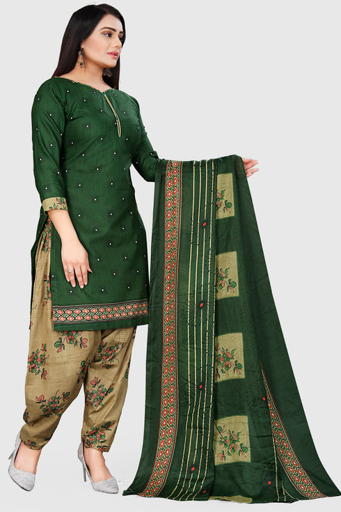 Green Cotton Blend Printed Unstitched Salwar Suit Material