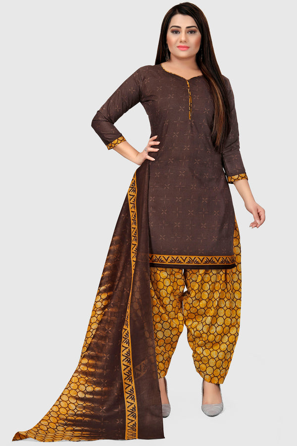 Brown Cotton Blend Printed Unstitched Salwar Suit Material
