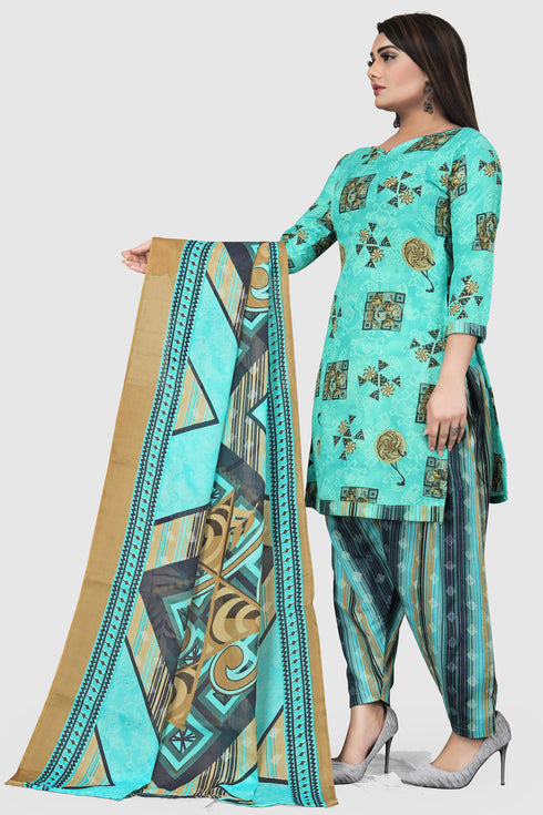 Turquoise Blue Cotton Blend Printed Unstitched Salwar Suit Material