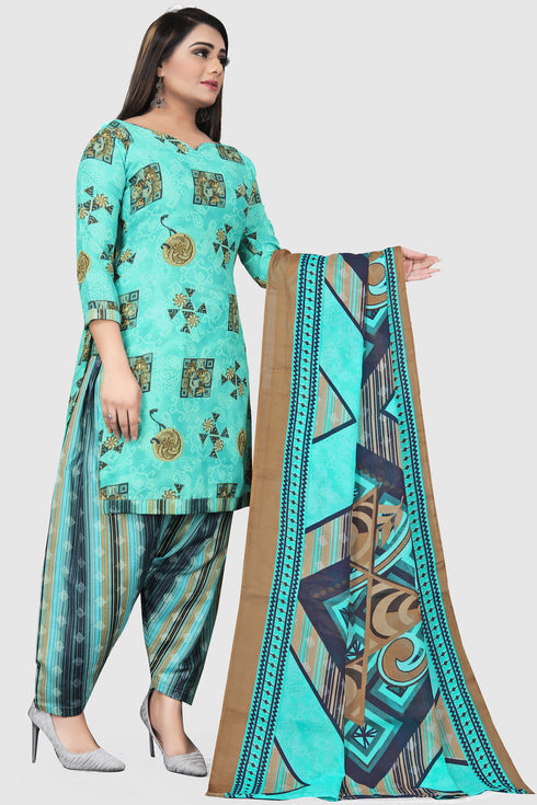 Turquoise Blue Cotton Blend Printed Unstitched Salwar Suit Material