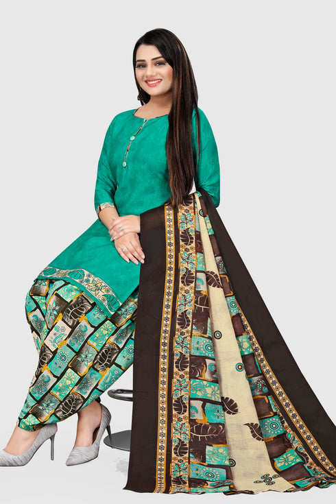 Turquoise Blue Cotton Blend Printed Unstitched Salwar Suit Material