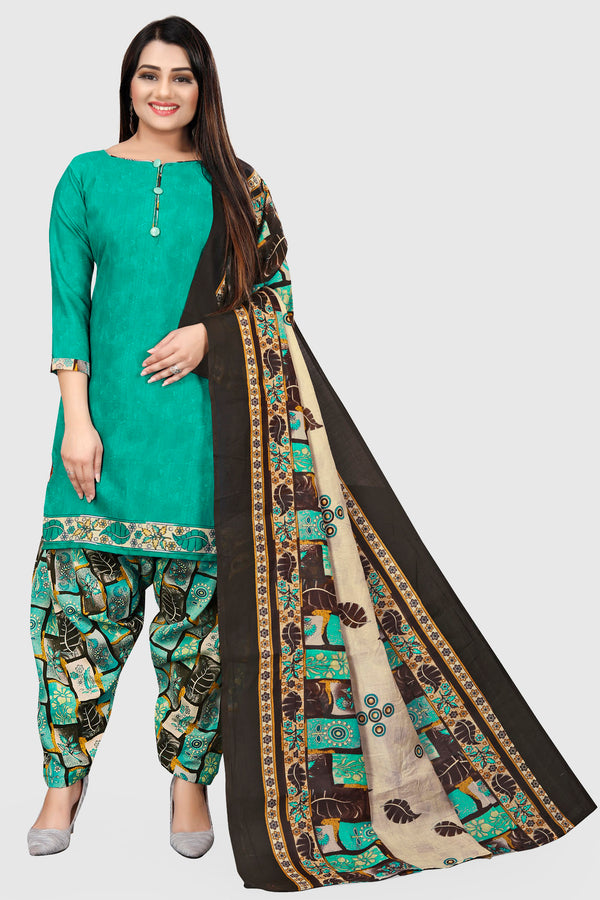 Turquoise Blue Cotton Blend Printed Unstitched Salwar Suit Material
