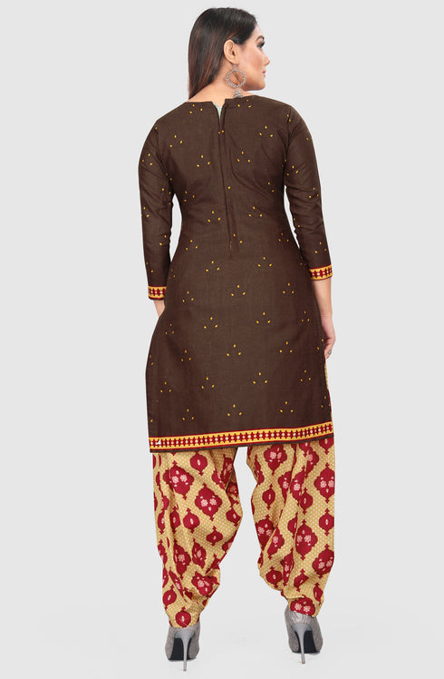 Brown Cotton Blend Printed Unstitched Salwar Suit Material