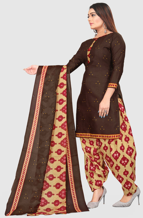 Brown Cotton Blend Printed Unstitched Salwar Suit Material