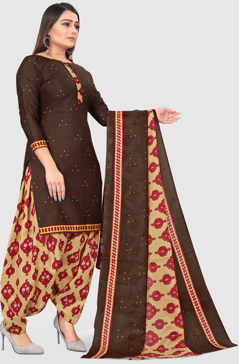 Brown Cotton Blend Printed Unstitched Salwar Suit Material