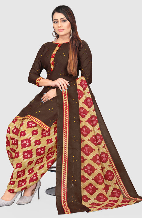 Brown Cotton Blend Printed Unstitched Salwar Suit Material