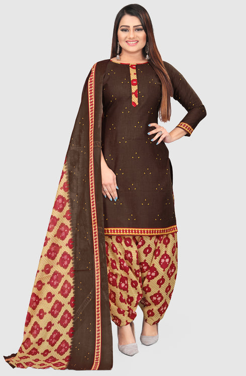 Brown Cotton Blend Printed Unstitched Salwar Suit Material