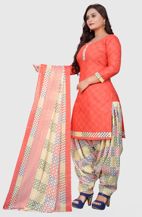 Peach Cotton Blend Printed Unstitched Salwar Suit Material